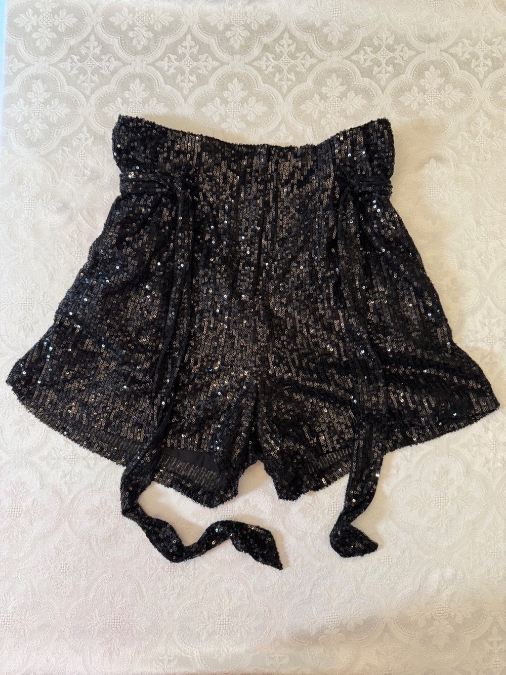 GB Black Sequin High Waist Shorts Tie Belt Shimmering Paperbag Waist Party
